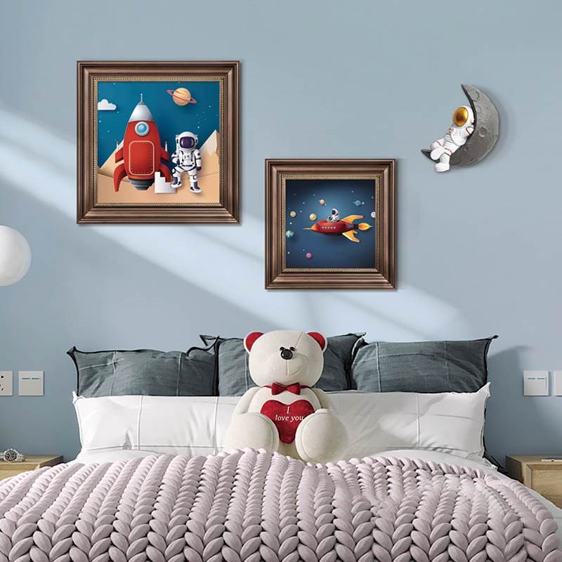 卡通儿童房宇航员装饰画男孩卧室床头太空挂画背景墙宇宙星空壁画图片