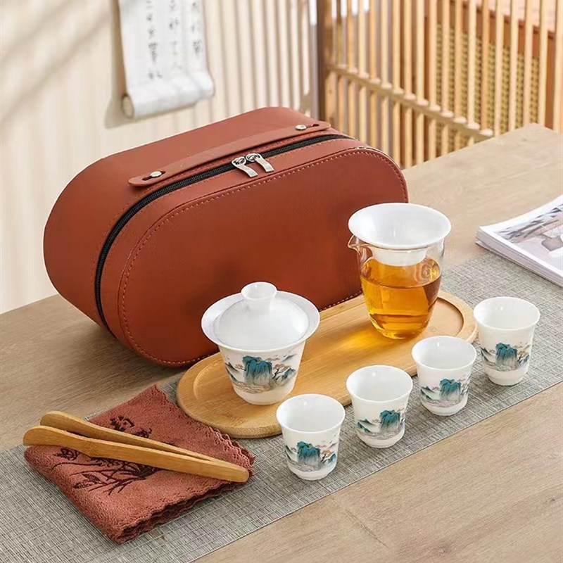 便捷旅行茶具装带茶盘羊脂玉盖碗茶杯组高品质白瓷节日礼品