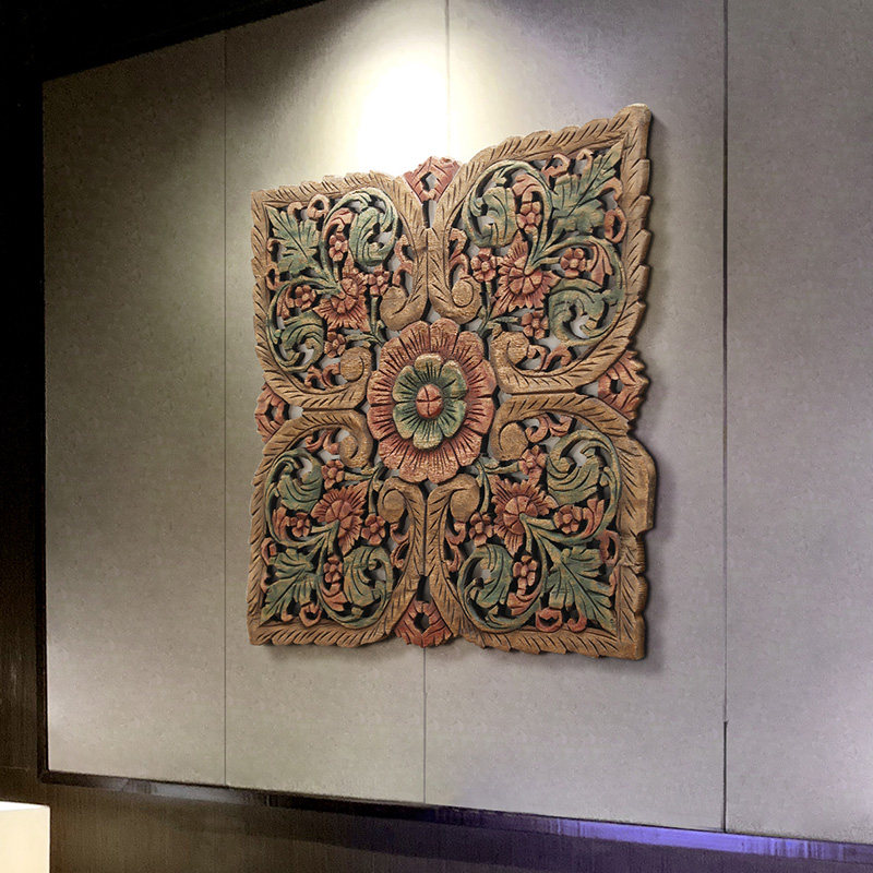 异丽泰国木雕装饰画背景墙实木雕刻挂件壁饰玄关中式复古牌匾花格