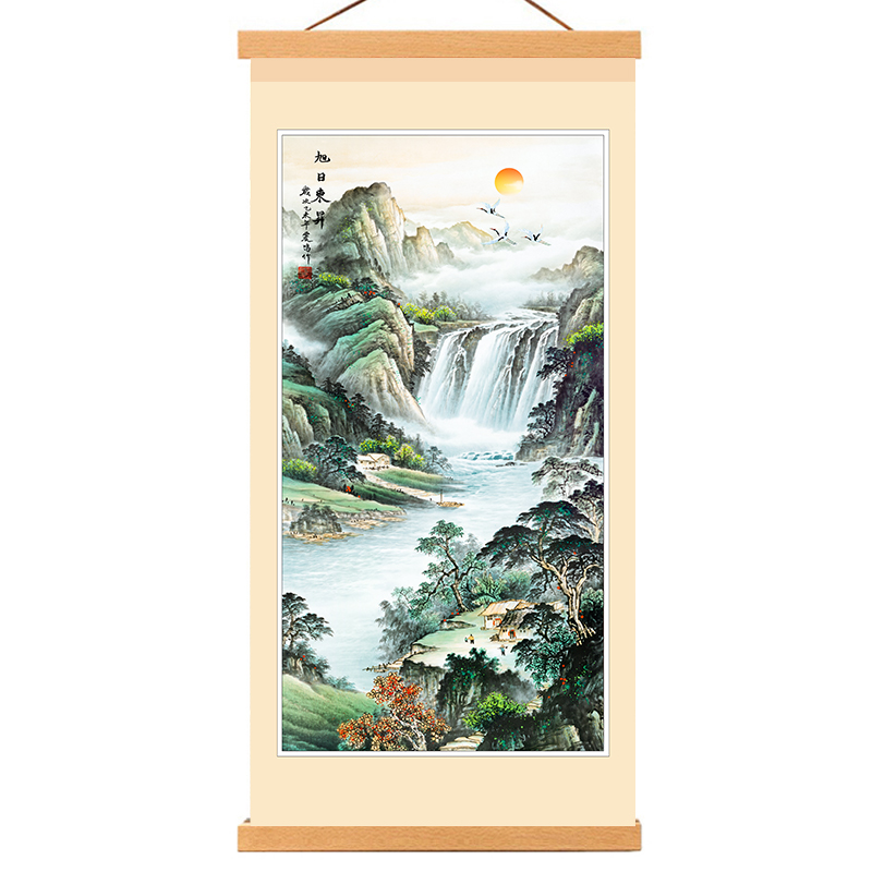新款布艺山水画客厅挂画竖版玄关画中式简约现代风景画挂布装饰画图片