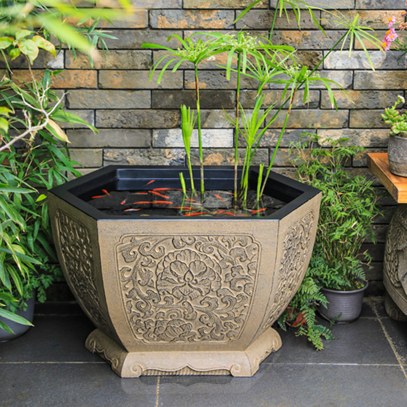 汉韵堂庭院花园鱼缸露台花园造景布置仿石鱼池大口径装饰水养花盆