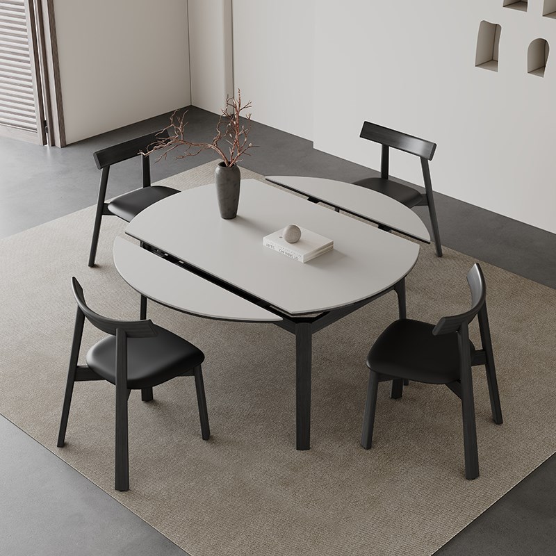 复古实木圆形餐桌现代简约黑色全托意式极简客厅家用伸缩岩板餐桌