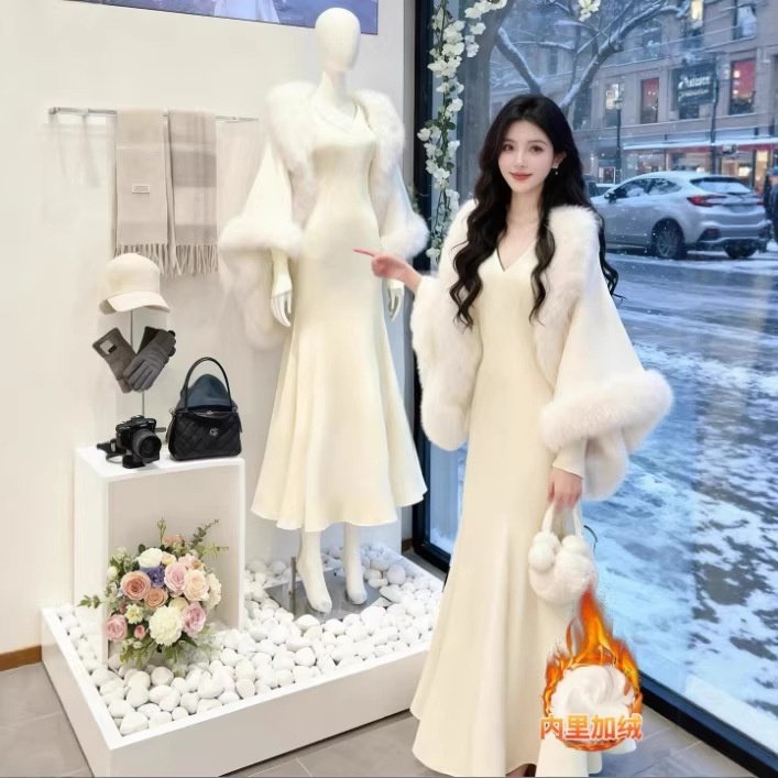 白色针织连衣裙长款女秋冬皮草内搭打底加绒厚包臀梨形伯克利长裙,女装/女士精品,连衣裙,淘宝优惠券,粉丝福利购,淘宝优惠卷