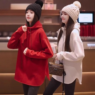 连帽加绒加厚中长款卫衣女2025秋冬新款宽松百搭小个子打底衫上衣