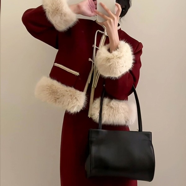 新中式国风套装裙圣诞新年战袍过年红色小香风外套裙子两件套穿搭