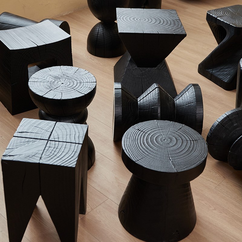 侘寂风碳化木墩实木圆凳原木凳子床头柜民宿设计R师边几摆件换鞋