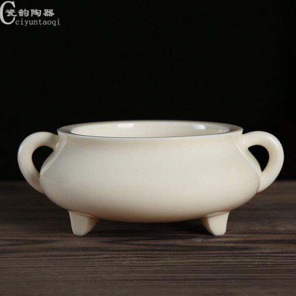 陶瓷雕塑香炉工艺品 三足耳炉 熏香炉居家熏香炉摆件米黄色仿古炉