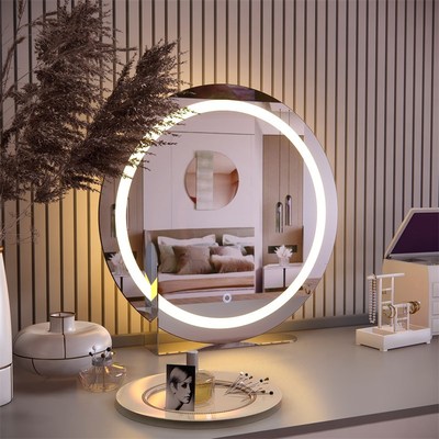 智能声控化妆镜台式不锈钢底座桌面梳妆镜LED带灯美妆镜大号镜子