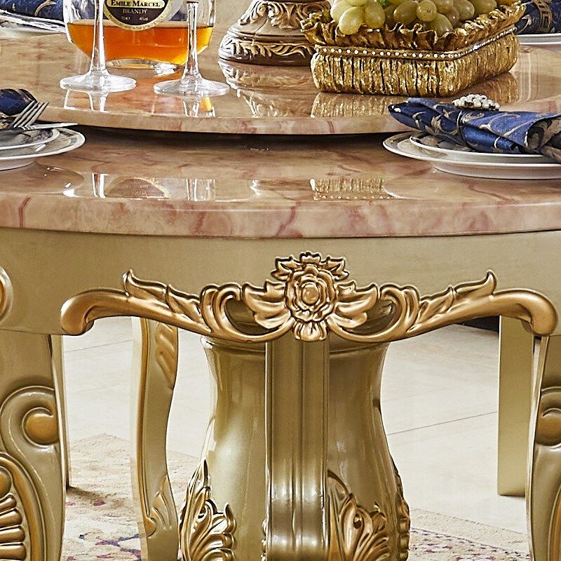欧式实木圆餐桌椅法式香槟色大理石奢华圆餐台别墅大户型