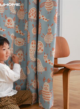FUO新款插画卡通男孩女孩雪尼尔儿童房窗帘卧室遮光窗帘定制