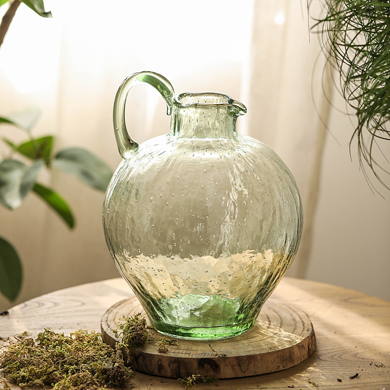 绿色单耳锤纹玻璃大肚花瓶水养吊A钟马醉木客厅落地圆肚大花瓶摆