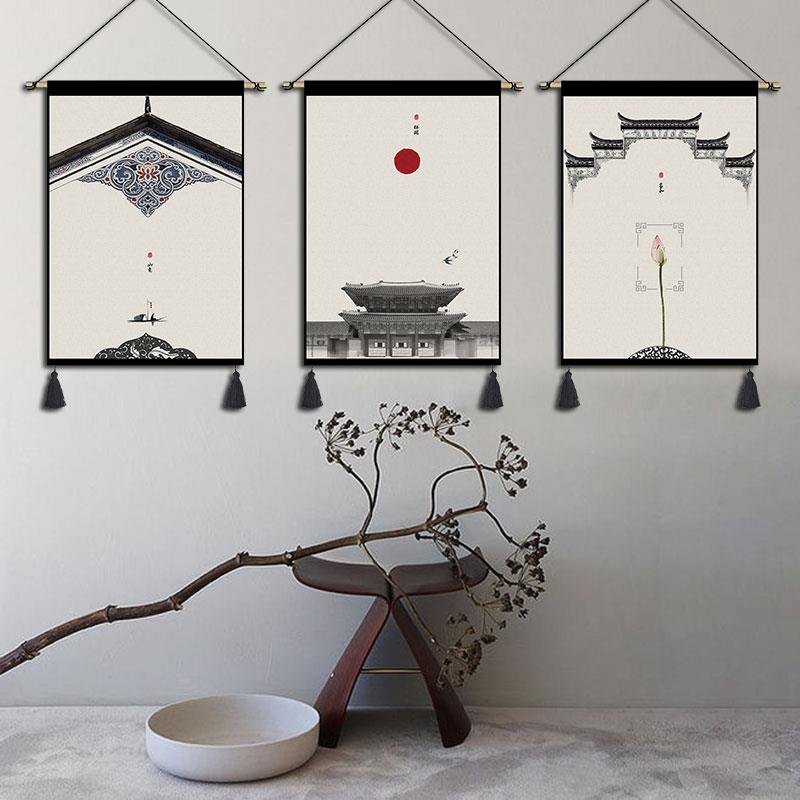 简约徽派挂毯布艺ins中式书房茶楼挂画客厅卧室装饰画走廊三联画图片