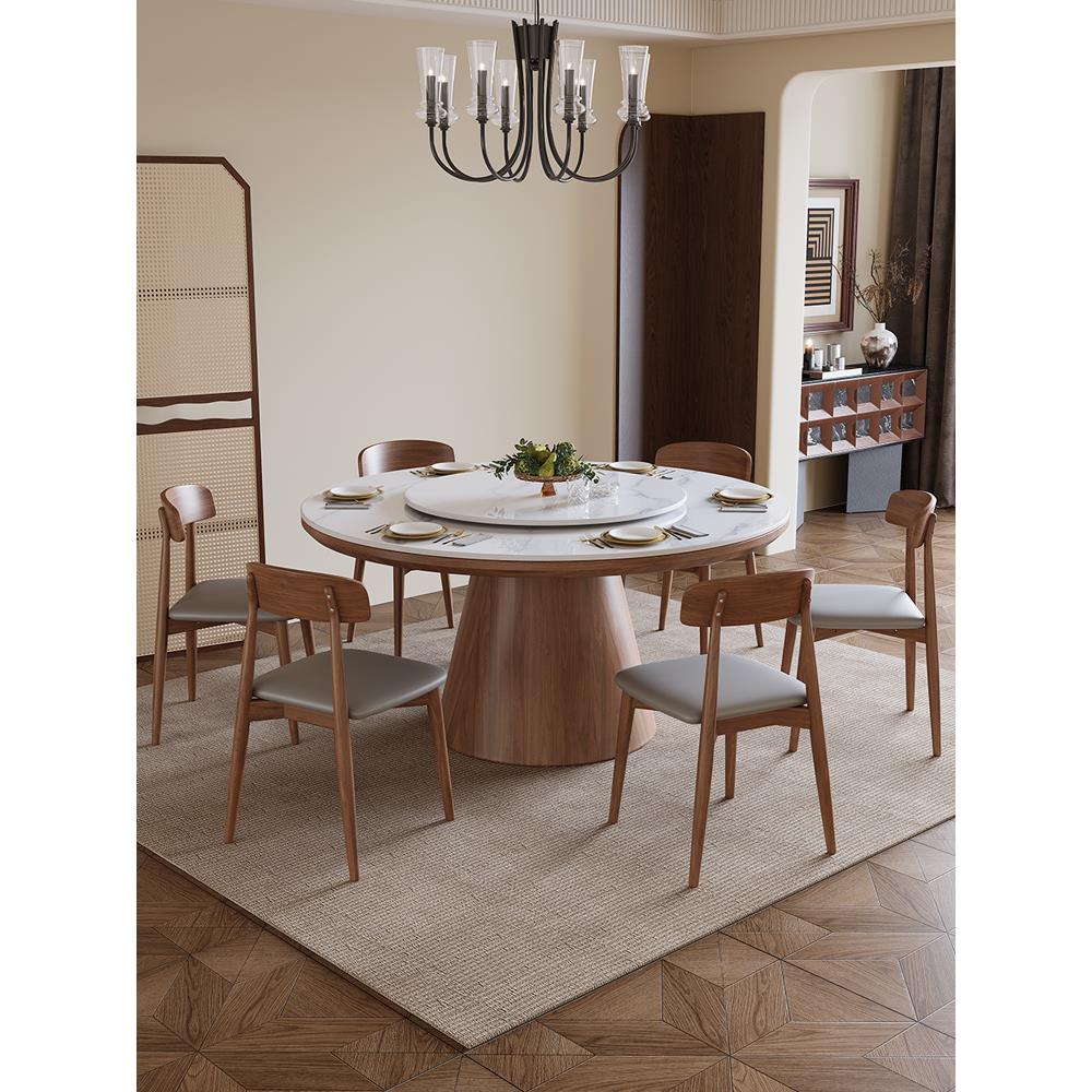 实木岩板圆桌餐桌椅组合现代简约家用饭桌带转盘大圆桌