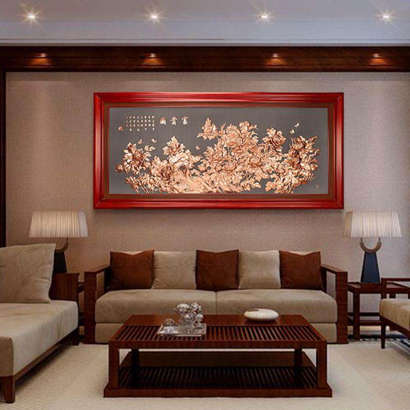 紫铜浮雕花开富贵图中式挂画客厅沙发背景墙装饰画牡丹花乔迁贺礼