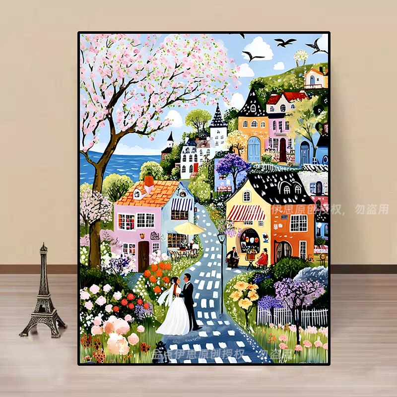 高级卡通风景钻石画唯美小镇婚礼手工5d点贴钻十字绣客厅卧室满钻