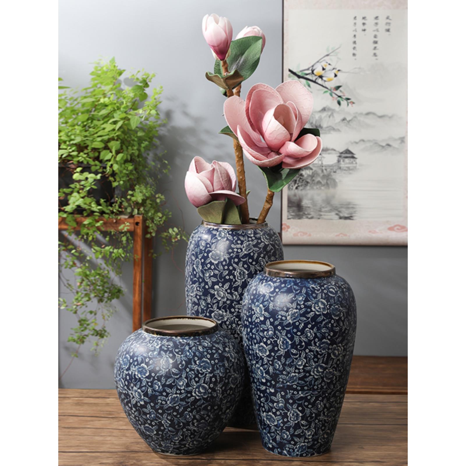 景德镇陶瓷 三件套干花花器陶瓷花瓶家居装饰品摆件 青花出水芙蓉