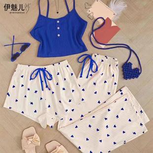 性感 2025新款 爱心睡衣女春夏季 甜美可爱三件套高级感吊带短裤 套装