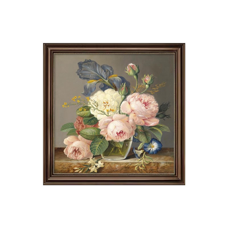 牡丹花卉手绘油画美式餐厅挂画花开富贵玄关装饰画卧室复古壁画图片