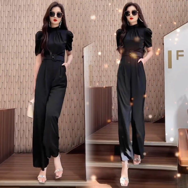 网红气质时尚女秋季新款短袖连衣裤洋气显瘦纯色收腰阔腿裤连体裤