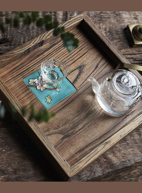 佳女子瓷板画榆木实木托盘新中式桌面装饰摆件收纳盘茶盘果盘礼物