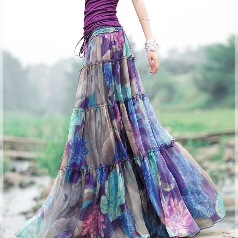 春夏季女2024年新款高级感民族风系带高腰大摆裙过膝A字印花长裙