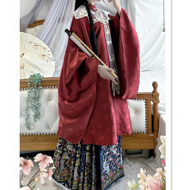 墨晨烟雨汉服【花间兔】刺绣云肩明制立领长衫一片式仿妆花马面裙