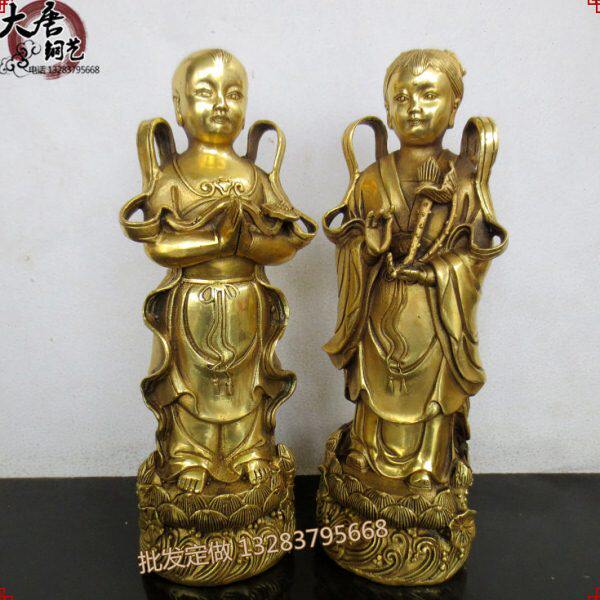 精工纯铜童男童女招财童子一套善财童子铜站像摆件 金童玉女