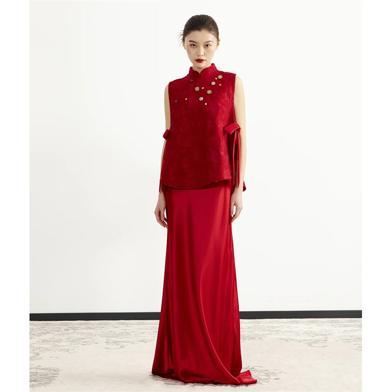 新中式红色套装订婚礼服裙女敬酒服新娘无袖结婚回门便装旗袍唐装