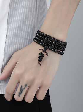 黑檀木手串男士108颗念珠木质多层珠子叠戴情侣手饰礼物男生手錬