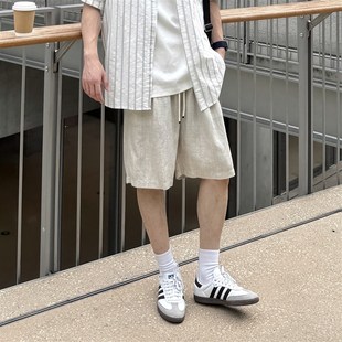 暗物质米色松紧腰亚麻休闲短裤五分裤男夏季2025新款宽松抽绳天丝