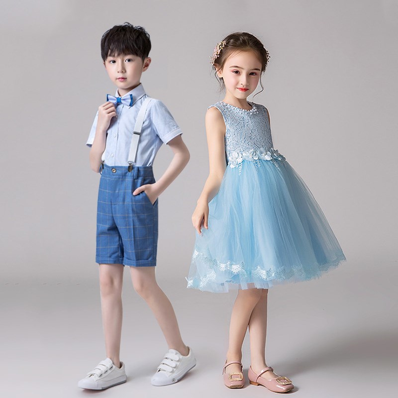 儿童演出服女童舞蹈蓬蓬裙开学礼服男童诗歌朗诵背带裤表演服春秋