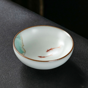 李斌手绘汝窑杯年年有余主人杯功夫大号茶杯单杯茶具纯手工手绘杯