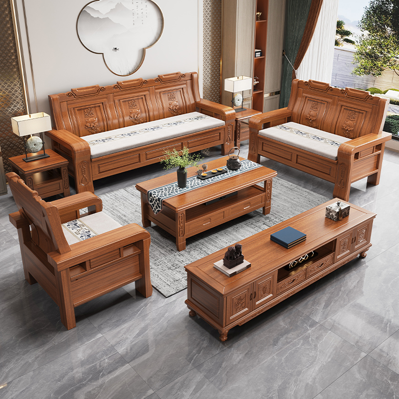 倾桐金花梨木实木沙发客厅组合冬夏两用仿古明清雕花农村木质家具