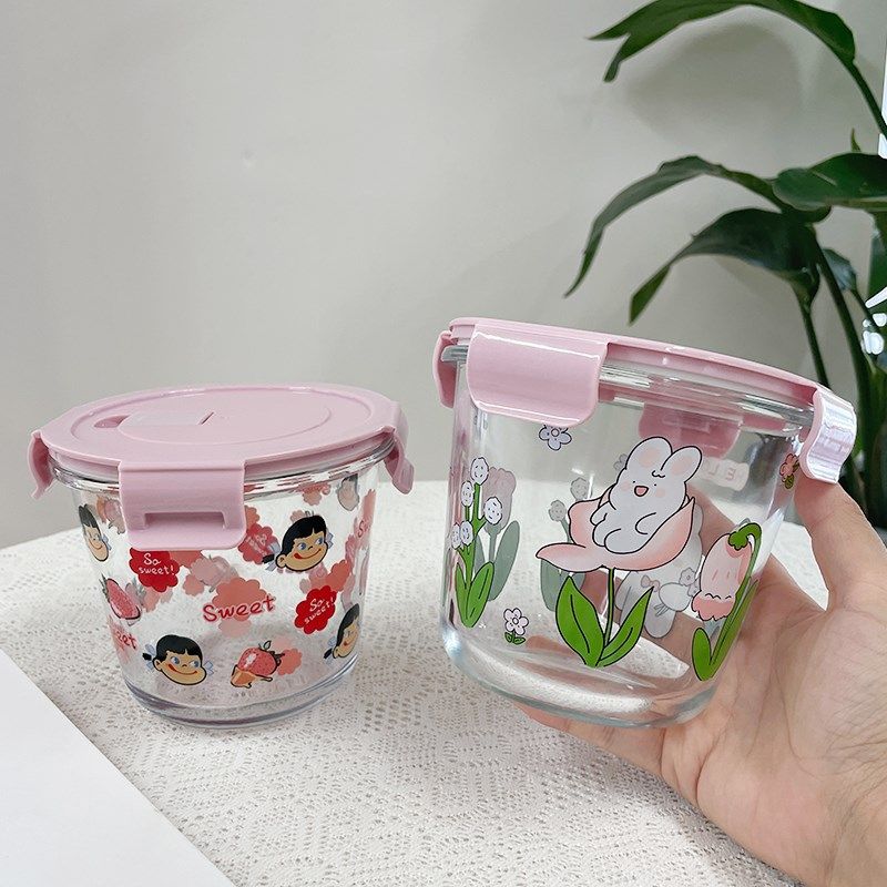 玻璃汤碗上班族饭盒便当微波炉加热专用可爱玻璃碗带盖保鲜盒汤杯