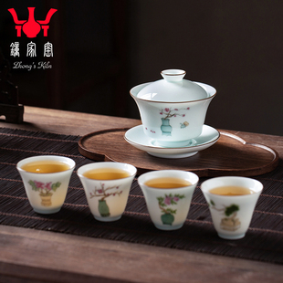 家用客厅小套陶瓷盖碗整套影青功夫茶具办公室会客 钟家窑茶具套装