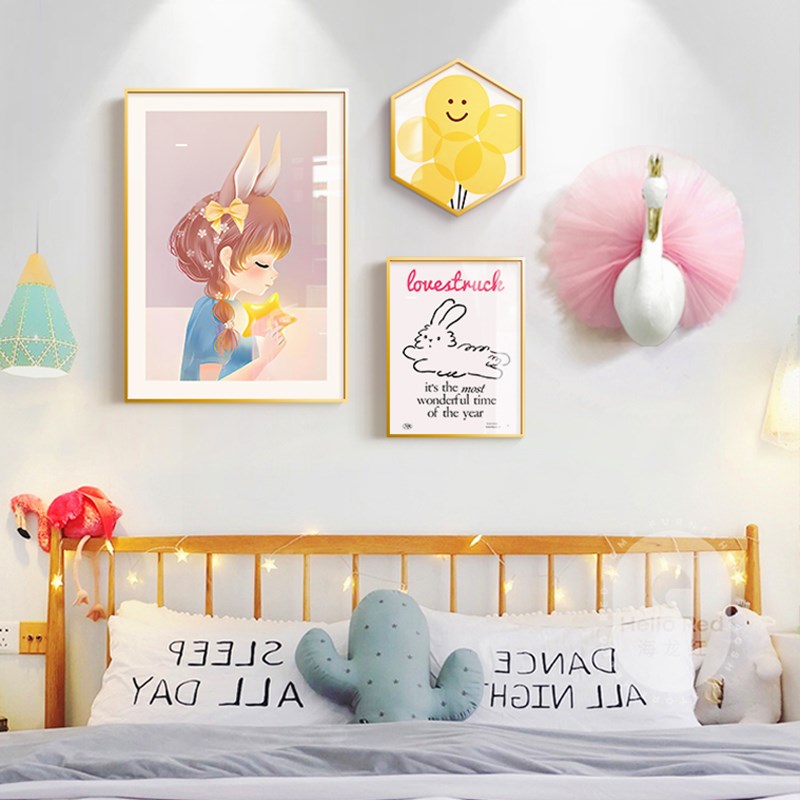 儿童房间装饰画卧室床头背景墙现代挂画粉色男孩创意布置女儿壁画