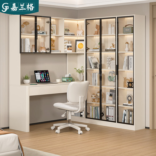 奶油风书桌书架一体桌转角书桌书柜组合电脑台式桌学习桌定制9L53