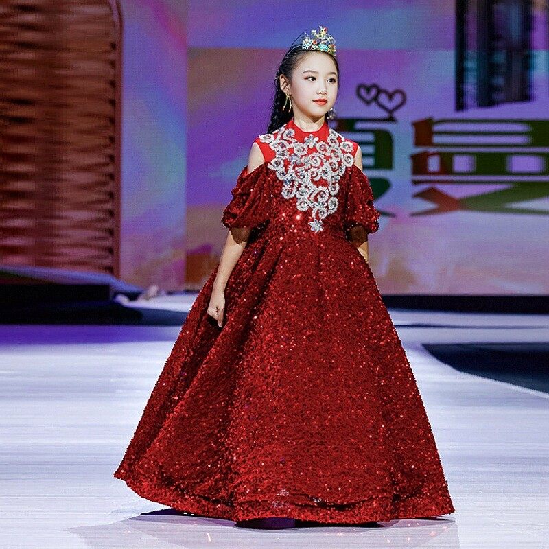 女童礼服公主裙高端红色儿童走秀舞台年会晚礼服主持人朗诵演出服