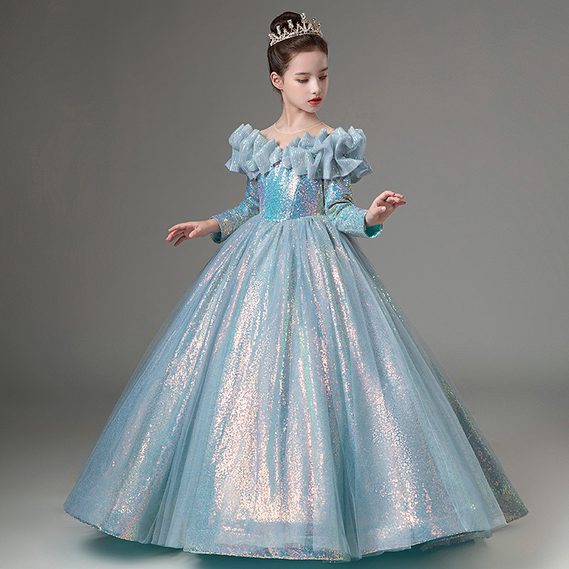 儿童礼服公主裙生日秋冬闪亮钢琴演出服走秀女童小主持人服装长袖