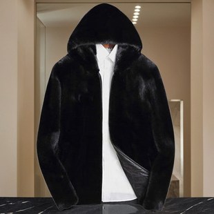 冬季男款仿皮草外套水貂皮大衣修身连帽立翻领休闲加厚整貂绒新款