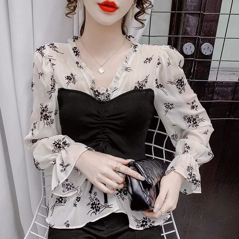女士衬衫2024夏季新款上衣喇叭袖雪纺针织拼接碎花长袖防晒衬衣潮,女装/女士精品,衬衫,淘宝优惠券,粉丝福利购,淘宝优惠卷