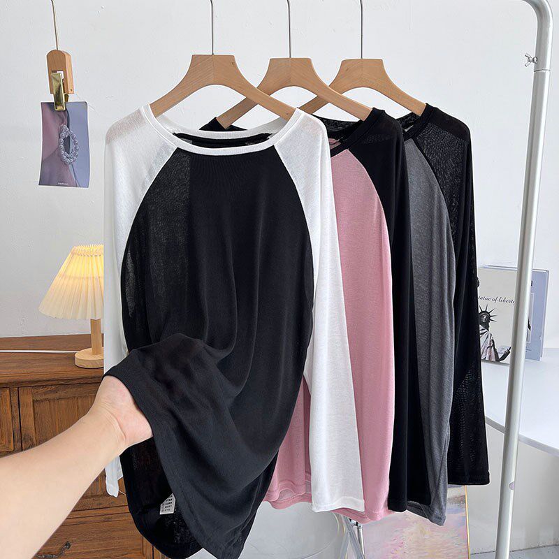 遮屁股中长款大码撞色插肩袖长袖T恤女夏季微透防晒衣罩衫薄上衣