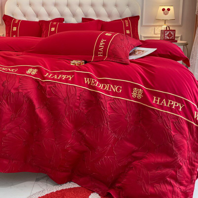 高档140S结婚四件套红色全棉纯棉床单被罩新中式婚庆床上用品床笠