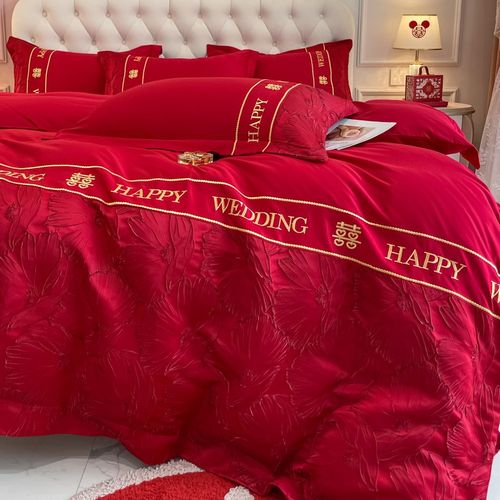 高档140S结婚四件套红色全棉纯棉床单被罩新中式婚庆床上用品床笠