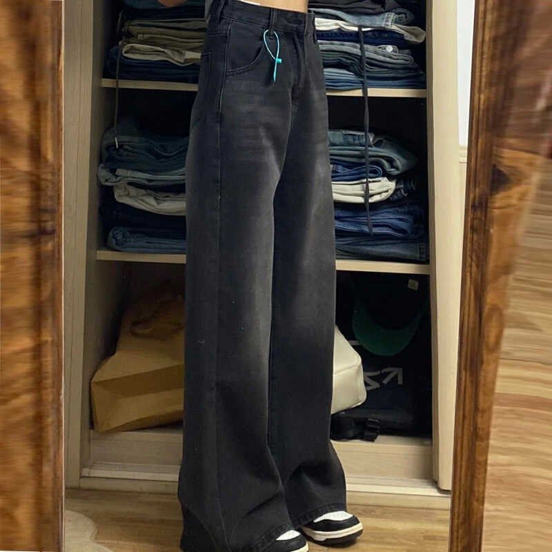 春秋冬季加绒复古风小个子显高宽松百搭直筒阔腿裤黑灰色牛仔裤女