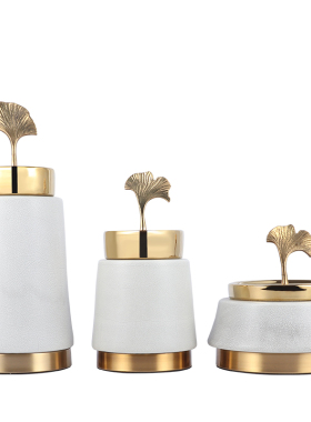 新中式陶瓷罐金色银杏花瓶盖花插储物罐美式玄关置物架装饰品摆件