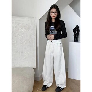 儿童立体弧度白色牛仔弯刀裤女童春装阔腿直筒裤男童春秋宽松裤子