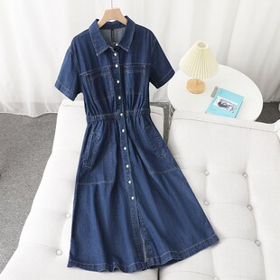 夏季松紧收腰纯棉牛仔连衣裙女复古时尚百搭显瘦短袖衬衫长裙子潮