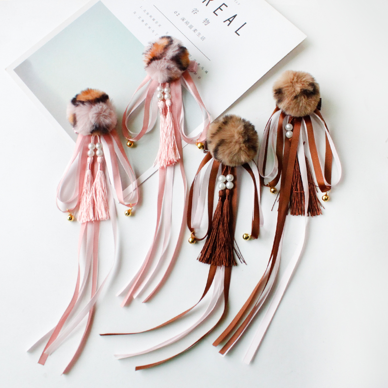 儿童汉服旗袍毛球发饰古装女童宝宝中国风吊坠飘带铃铛流苏发夹