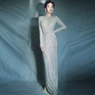 宴会晚礼服2021新款主持人修身显瘦银色亮片高端大气晚装演出服女